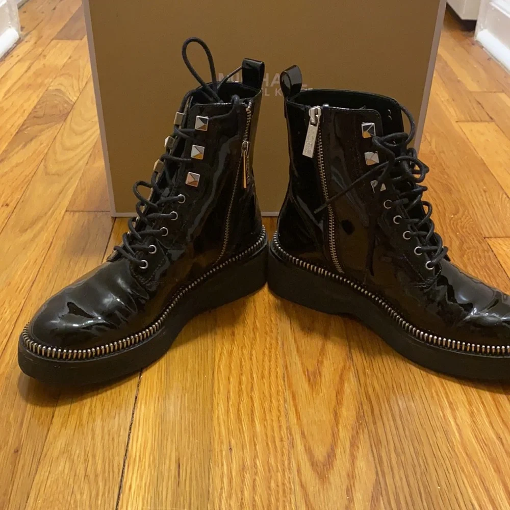 MICHAEL Michael Kors Black Patent Lace-Up Platform Boot with Silver Stud Trim